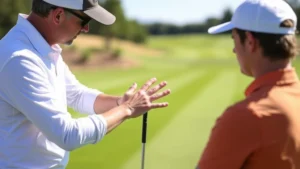 Professional golf instructor demonstrating proper grip technique to an adult student on a practice range, showing hand positioning on club, natural daylight, focused instruction moment