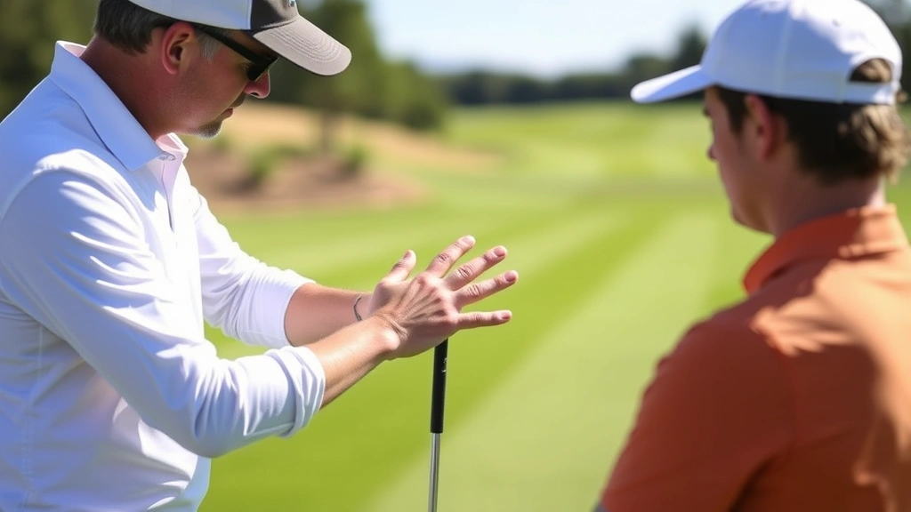 Professional golf instructor demonstrating proper grip technique to an adult student on a practice range, showing hand positioning on club, natural daylight, focused instruction moment