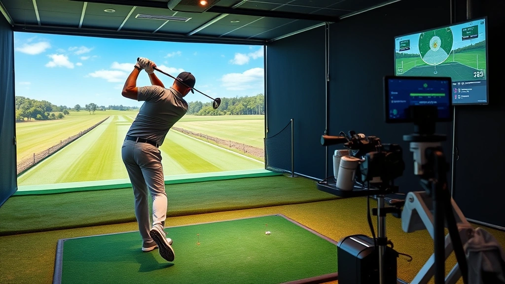 Golfer mid-swing on practice range with launch monitor technology visible, showing modern instruction methods, clear form and athletic movement, professional facility setting