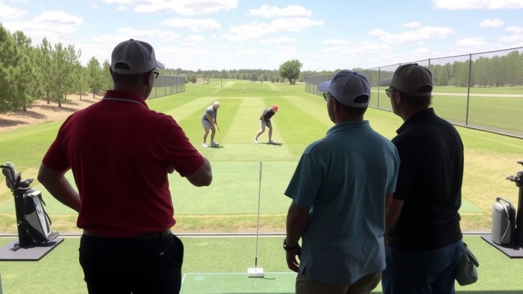 Small group golf lesson with instructor observing multiple students, collaborative learning environment, practice range with targets, positive engagement and instruction feedback