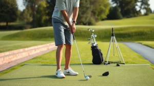 Beginner golfer demonstrating proper grip and stance on practice range with golf balls and clubs visible, wearing casual golf attire, natural lighting from morning sun