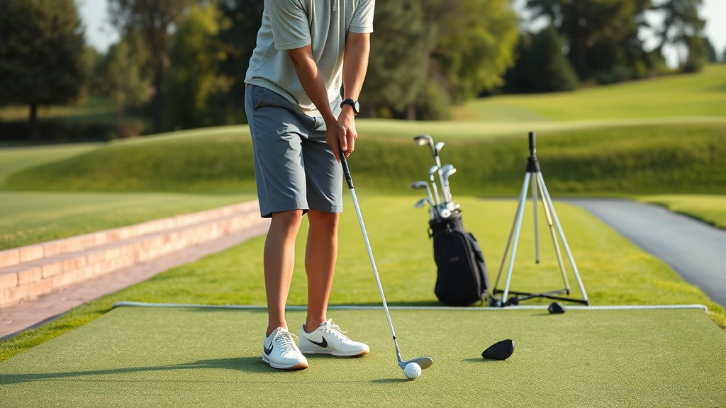 Beginner golfer demonstrating proper grip and stance on practice range with golf balls and clubs visible, wearing casual golf attire, natural lighting from morning sun
