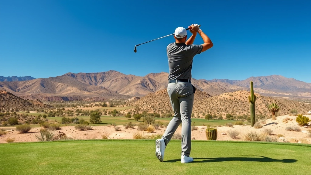 Professional golfer mid-swing on elevated tee box with desert landscape and rolling hills in background, clear blue sky, natural lighting showing athletic form and concentration