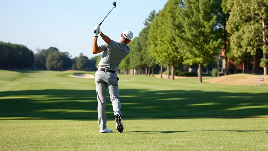 Golfer executing full swing on fairway with perfect posture and form, mid-swing motion captured, manicured grass and trees in background, clear weather conditions