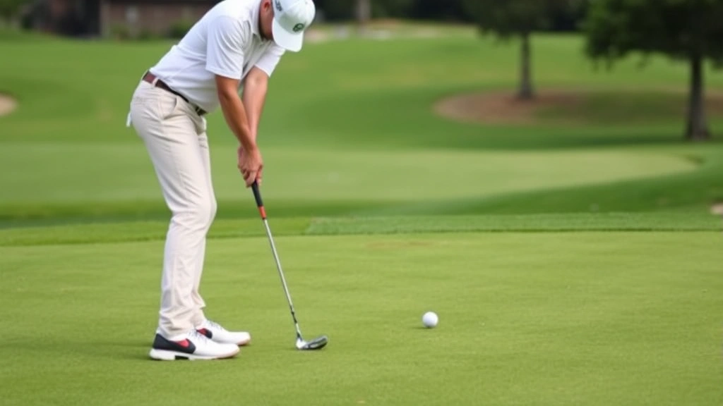 Golfer practicing short chip shots near green with various distances marked, natural course setting with manicured grass, demonstrating controlled technique and precision