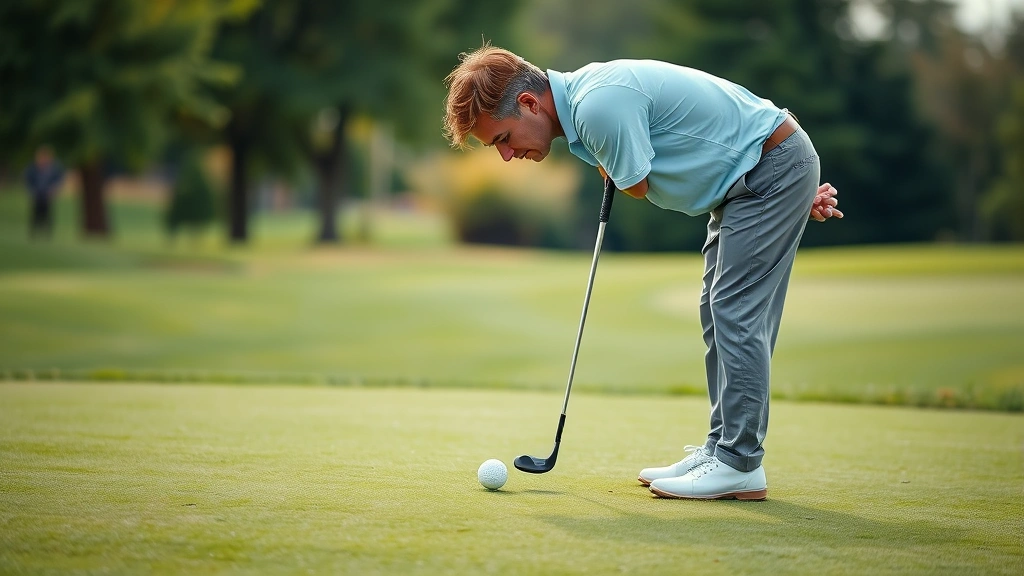 Golfer studying green contours while standing over ball, analyzing slope and grain, focused expression showing strategic course assessment and mental preparation before putt