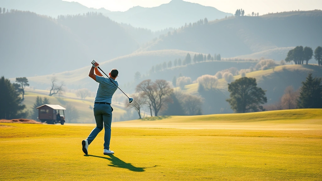 Professional golfer mid-swing on manicured fairway with rolling hills and trees in background, morning sunlight creating natural lighting and shadows on grass