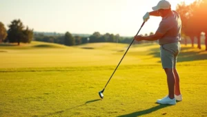 Beginner golfer in proper stance position on fairway with driver, demonstrating correct posture and alignment, morning sunlight, green grass course landscape