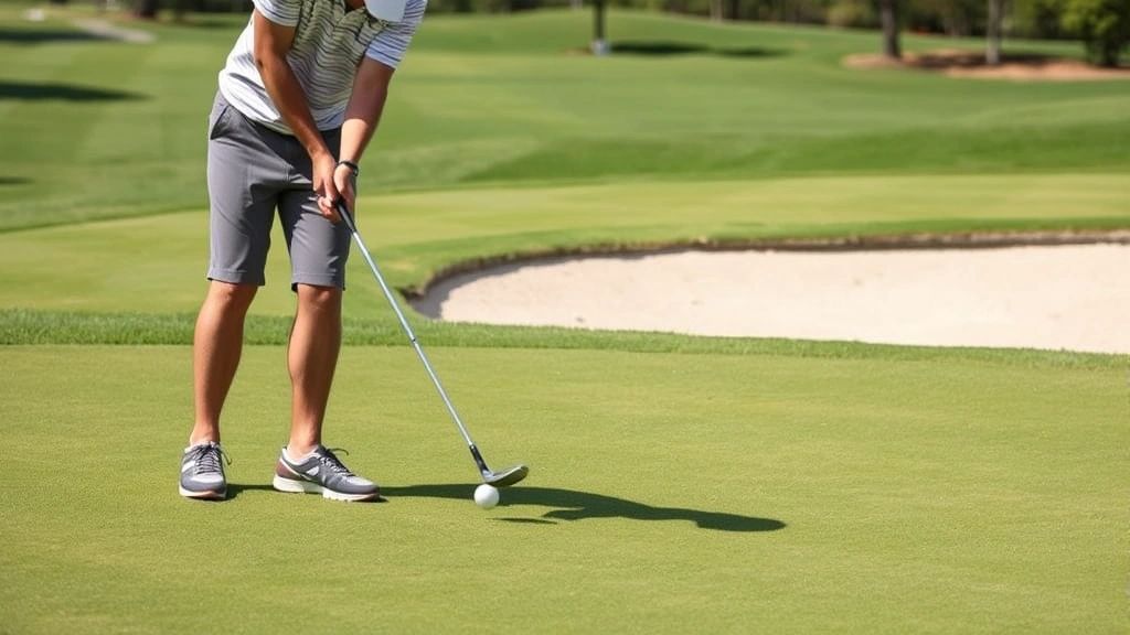 Golfer practicing short game near putting green, chipping ball toward hole, sand bunker visible in background, professional golf course setting with manicured grass