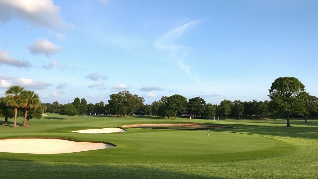 Scenic landscape view of championship golf course hole with bunkers, water hazard reflecting sky, mature trees lining fairway, golfers in distance on tee box