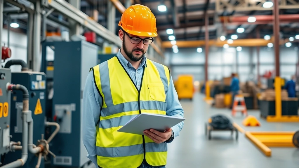 Professional safety inspector in high-visibility vest conducting workplace hazard assessment in industrial facility, examining equipment and taking notes