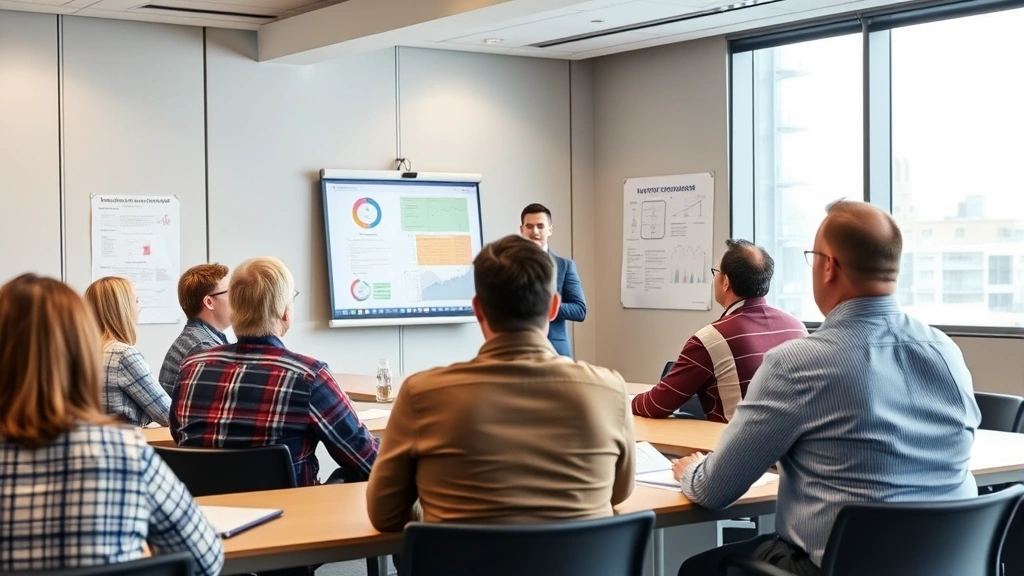 Experienced safety manager delivering training presentation to attentive participants in modern conference room with safety charts and regulatory documents visible