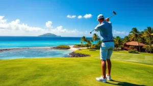Golfer teeing off on tropical golf course with Caribbean ocean and island landscape in background, bright sunshine and clear blue sky, professional golf photography