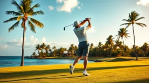 Golfer mid-swing on tropical fairway with Caribbean blue water and palm trees in background, golden sunlight, professional golfer in athletic stance