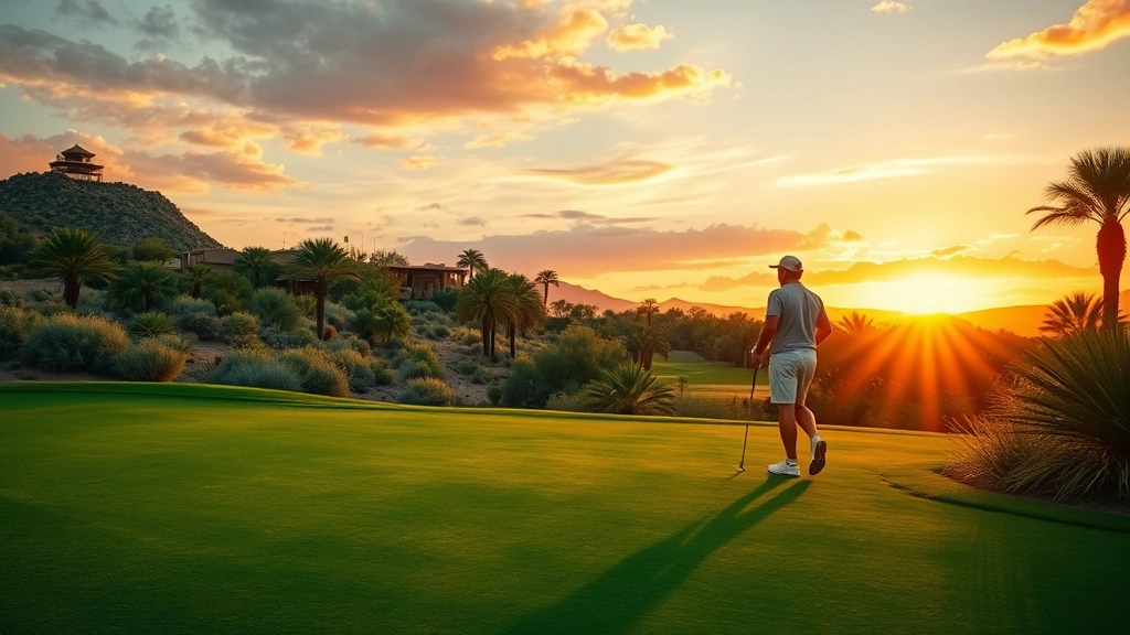 Golfer walking across manicured green with sunset sky, warm golden hour lighting, desert landscape with native shrubs, peaceful tropical golf setting