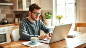Adult learner studying on laptop at kitchen table with coffee, natural daylight from window, focused expression, warm home environment, no screens showing text