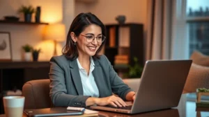 Professional woman working on laptop at home during evening, smiling while taking online course, warm lighting, comfortable home office setup, focused expression