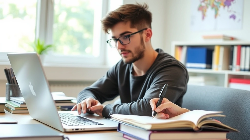 Student pausing video lecture on laptop screen, taking handwritten notes in notebook, surrounded by learning materials, thoughtful expression, natural daylight