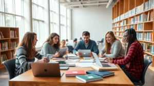 Diverse group of college students collaborating on a project in a modern university library with natural light, laptops, and study materials spread across a wooden table