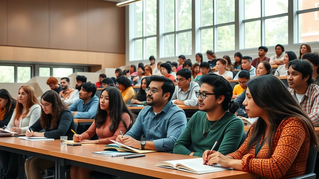 Students sitting in a diverse classroom at a modern university building, taking notes during a lecture with a professor teaching at the front, natural lighting from large windows, various ethnicities and backgrounds represented, focused and engaged expressions