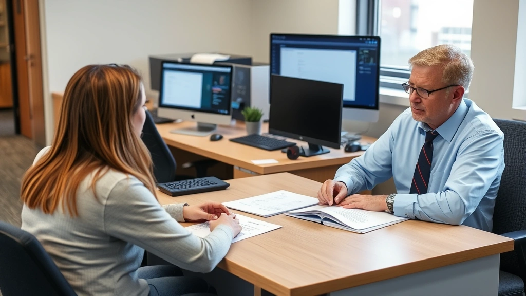 Academic advisor meeting with a student in a campus office, reviewing degree requirements and course planning documents on a desk with computer monitors visible