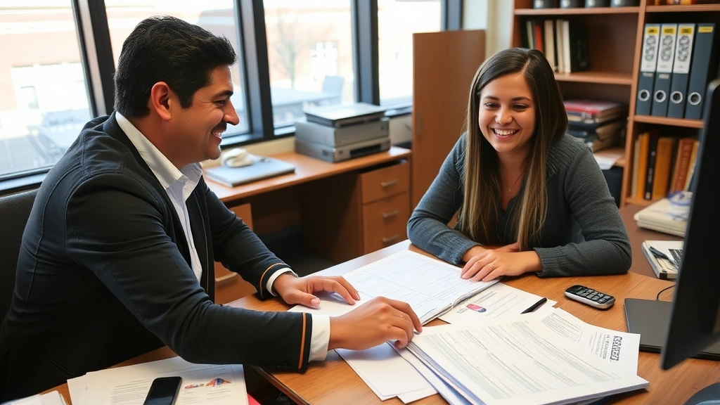 Academic advisor meeting with a student in a campus office, reviewing course catalog and degree planning documents on desk, computer screen visible, collaborative and supportive atmosphere, both smiling and discussing educational path