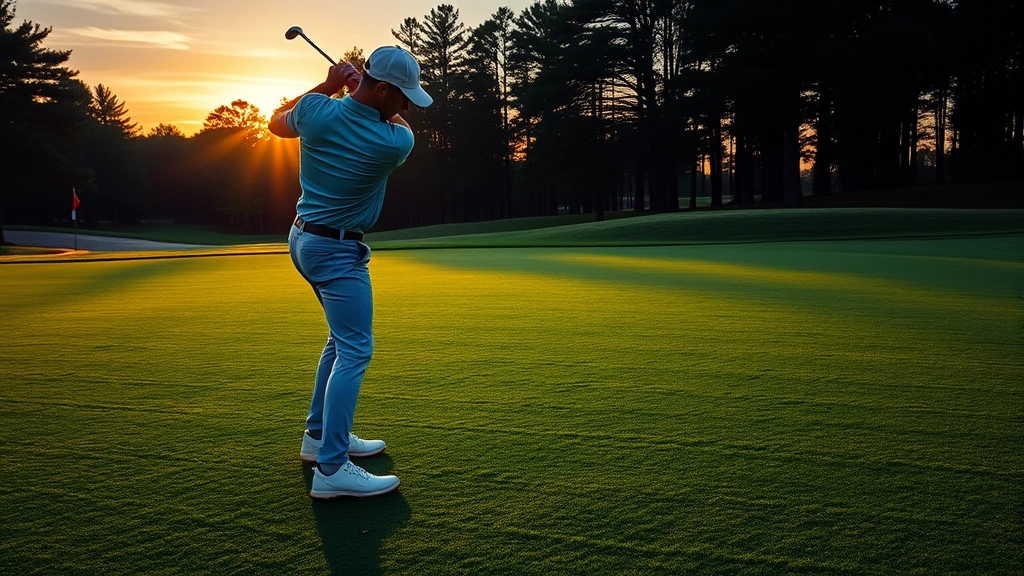 A golfer in proper stance position on a lush fairway at sunrise, demonstrating correct posture and alignment with club ready for swing