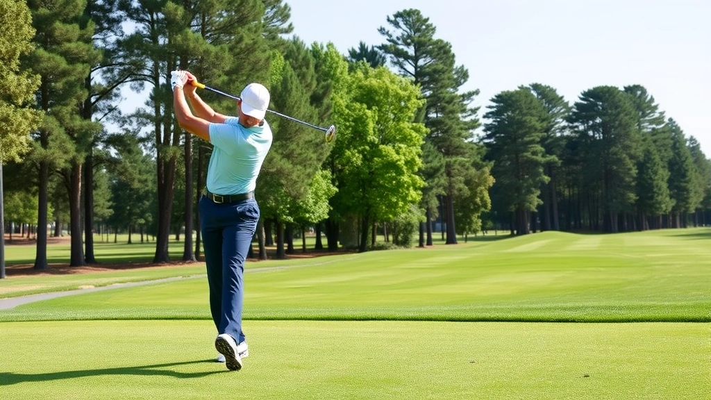 Professional golfer executing a perfect downswing on a well-maintained fairway with trees in the background, demonstrating proper body position and balance