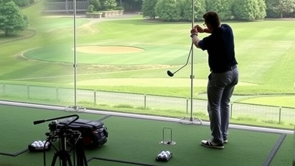 Golfer practicing on a driving range with multiple balls and alignment aids, focused on target-based practice with manicured greens visible in distance