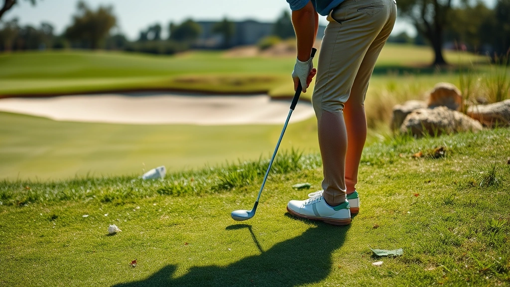 Golfer chipping near the green on a challenging hole with sand bunker nearby, showcasing short game technique and course management skills