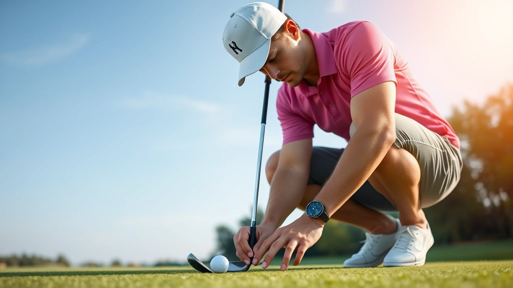 Golfer concentrating on putting green with alignment tools, demonstrating precision and focus during short game practice session