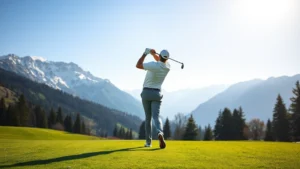 Professional golfer mid-swing on pristine mountain golf course with snow-capped Rocky Mountain peaks in background, morning sunlight, vibrant green fairway and blue sky