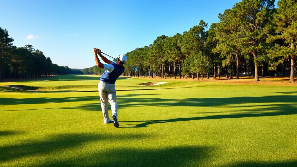 Professional golfer mid-swing on a well-maintained fairway with manicured grass, blue sky, and trees lining the course in soft natural lighting
