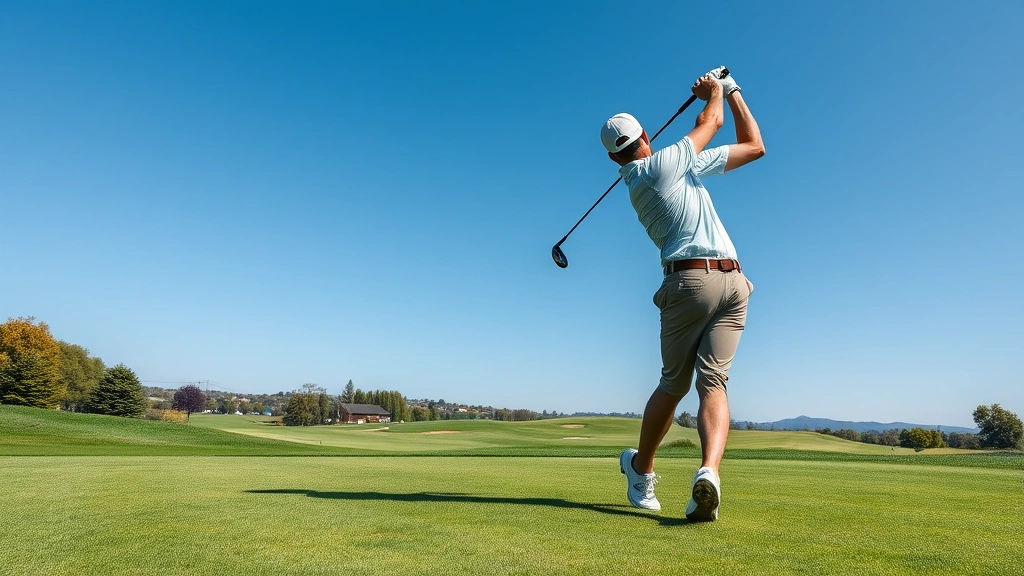 Professional golfer mid-swing on lush fairway with manicured grass, blue sky, natural landscape backdrop, no text or signage visible, photorealistic daylight