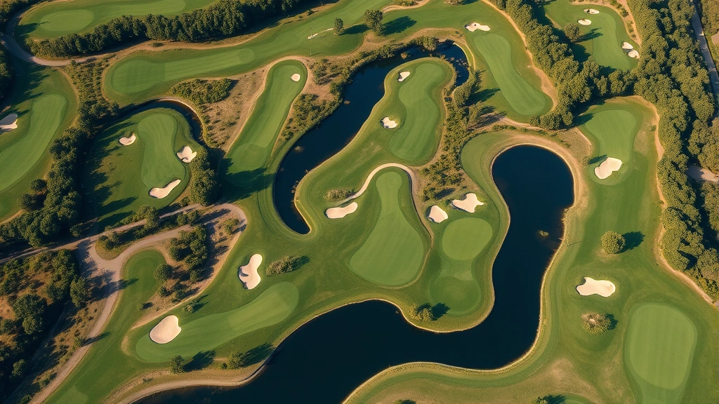Aerial view of an 18-hole golf course showing fairways, greens, bunkers, and water hazards with natural landscaping and tree coverage