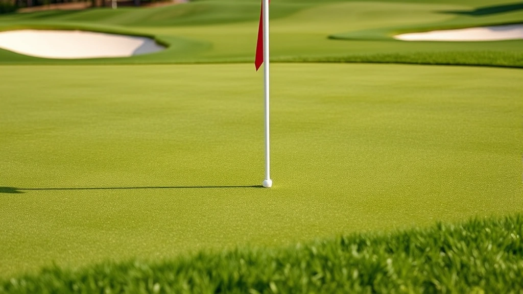 Close-up of pristine golf green with pin flag, surrounding bunkers, and manicured rough grass demonstrating excellent course maintenance quality