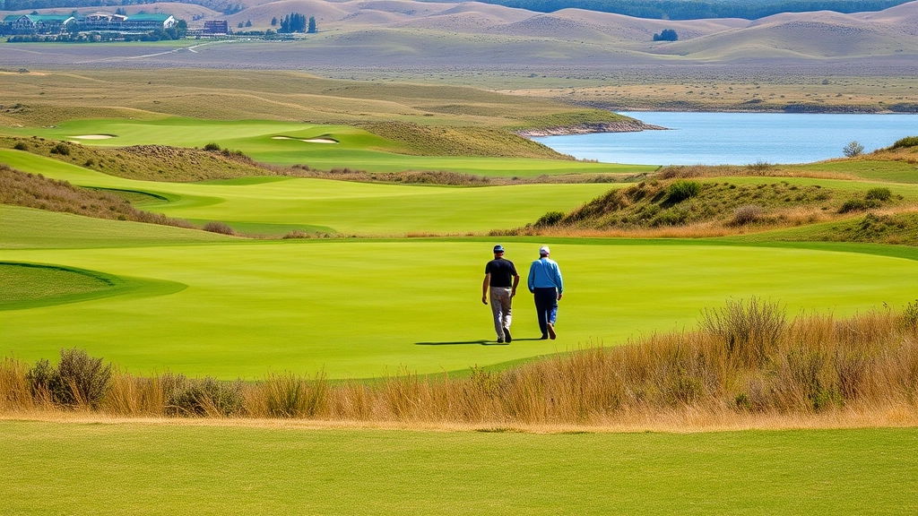 Golfers walking across scenic golf course fairway with rolling terrain, water feature visible in distance, natural landscape, clear weather, authentic golfing moment, no text