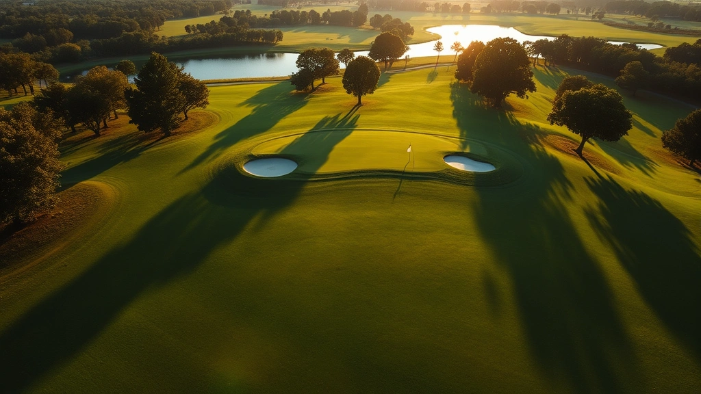 Wide aerial view of lush green golf fairway with water hazard and trees in background, morning sunlight creating shadows, professional course photography