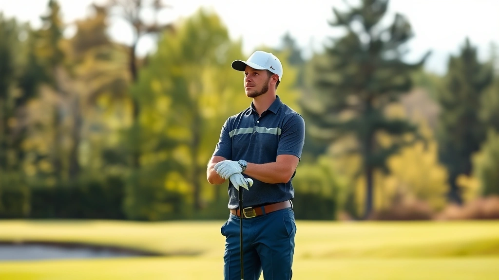 Professional golfer at Beaver Meadow standing on fairway analyzing next shot with focused expression, holding golf club, natural lighting with trees in background