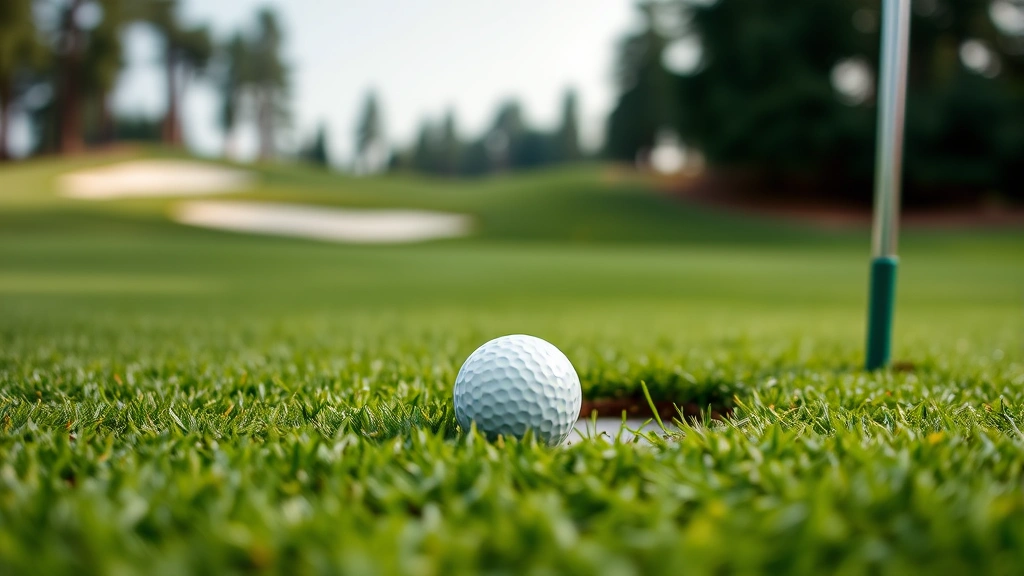 Close-up of perfectly manicured putting green with golf ball near hole, bunkers visible in soft-focus background, pristine grass texture detail