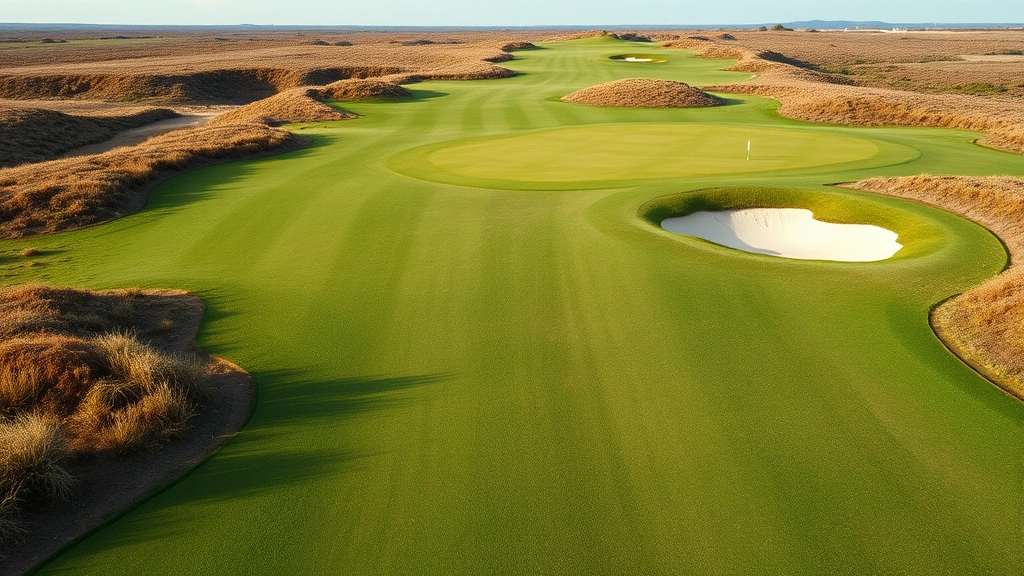 Wide view of golf course fairway with bunkers and rough terrain visible, showing strategic layout and hazard positioning from player perspective