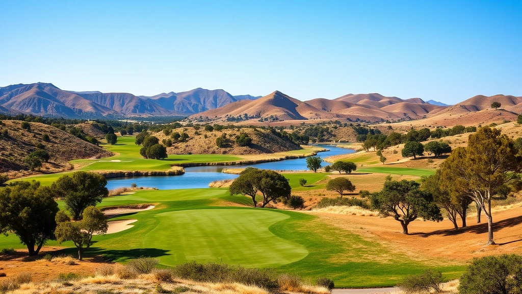 Scenic landscape view of golf course with rolling terrain, elevation changes, natural water features, trees framing fairway, clear blue sky