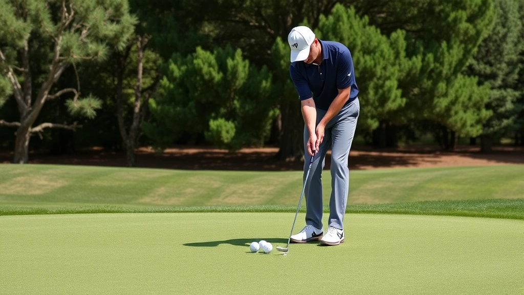 Golfer practicing short game around practice green with multiple golf balls, demonstrating chip shot technique with proper form and concentration