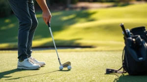 Golfer practicing short game shots near green with wedge and golf balls, outdoor golf practice facility, natural lighting, concentrated focus on technique