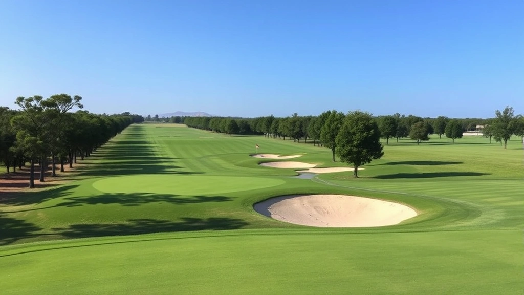 Golf course landscape showing multiple holes with sand bunkers, trees, and green fairways under blue sky, scenic course layout and terrain features