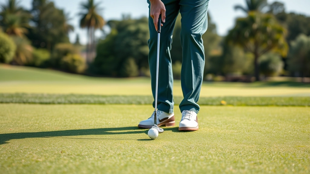 Golfer practicing short game near green with ball marker and putter, concentration on chipping technique with well-maintained putting surface in background
