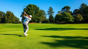 Professional golfer mid-swing on manicured fairway with perfect turf conditions, clear blue sky, and trees in background, morning light creating shadows on grass