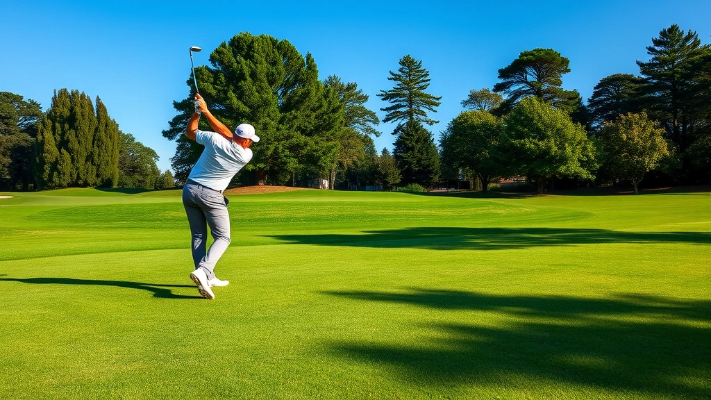 Professional golfer mid-swing on manicured fairway with perfect turf conditions, clear blue sky, and trees in background, morning light creating shadows on grass