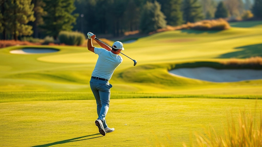 Professional golfer mid-swing on lush fairway with sand bunkers and green in background, morning sunlight, natural landscape