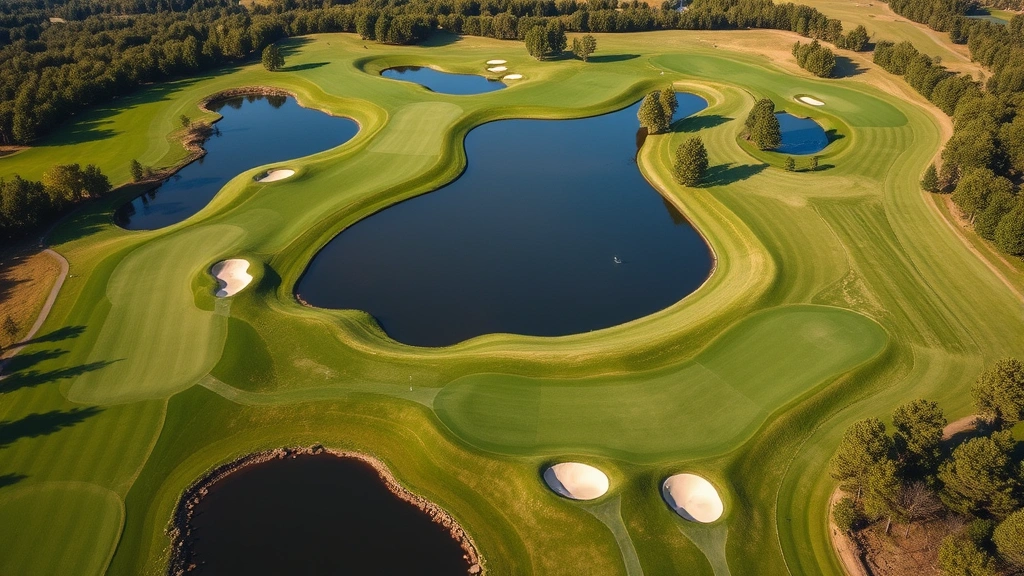 Aerial view of golf course showing multiple holes, water features, strategic bunkering, manicured fairways and greens, natural Wisconsin terrain